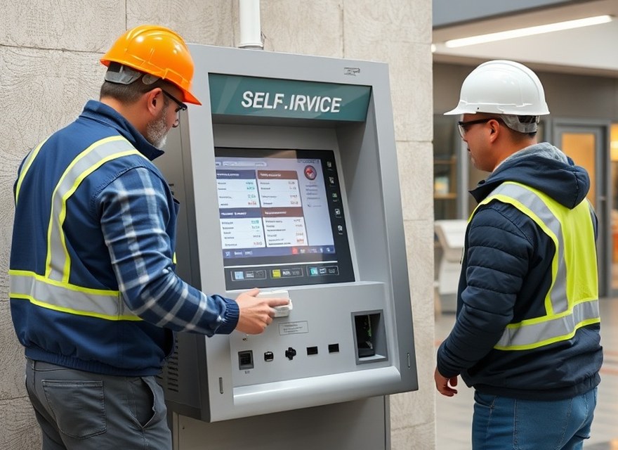 Equipo técnico trabajando sobre un terminal de autoservicio