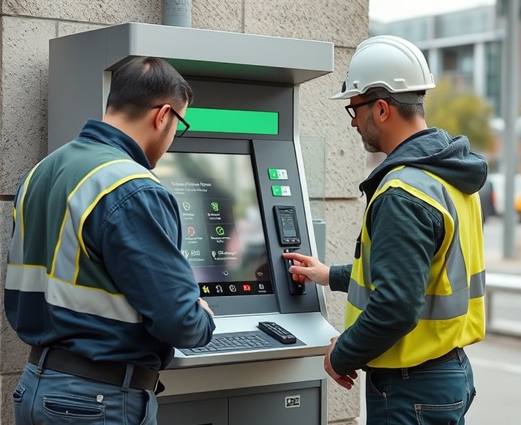 Técnico realizando el mantenimiento de un terminal de autoservicio